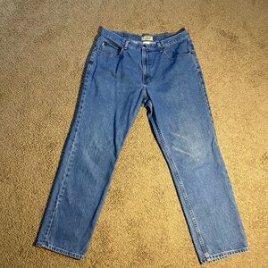 L.L. Bean Blue Denim with Brown Leather Patch 36Wx30L classic fit